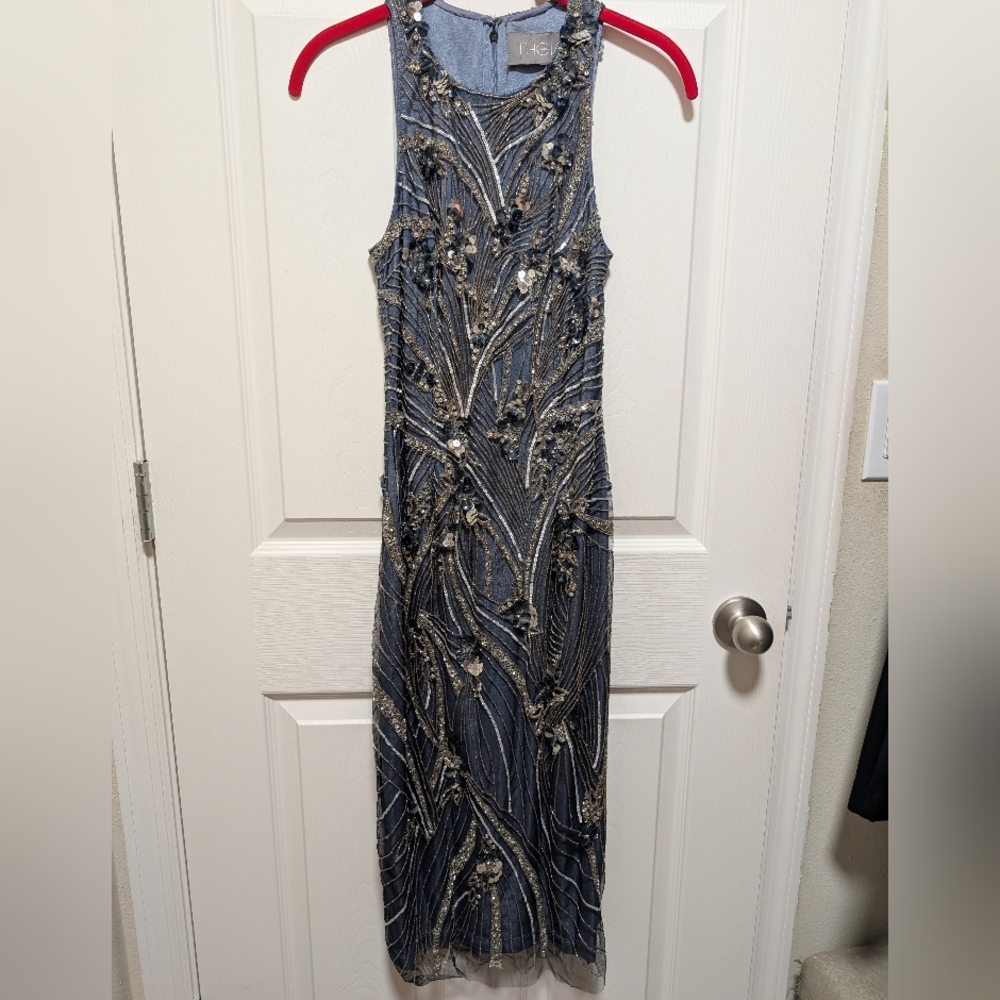 Theia Embellished Stone blue Beaded Evening Dress